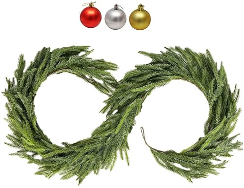 Tannengirlande,Weihnachtsgirlande Outdoor,Künstlicher Norfolk-Kiefernkranz 200cm für Indoor-Weihnachtsmüntel, Esstische,Türen,Treppen,Weihnachtsdekorationen im Freien.mit 3 Weihnachtsbaulen (1 Stück)