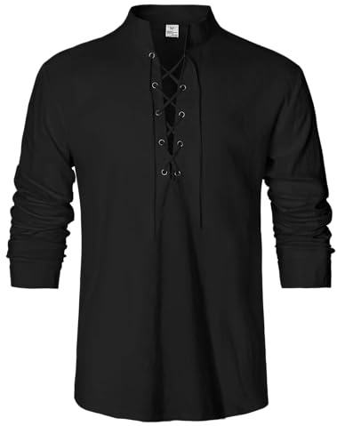 JESDM Herren Mittelalter Hemd Viking Kostüm Schnürhemd Stehkragen Leinenhemd