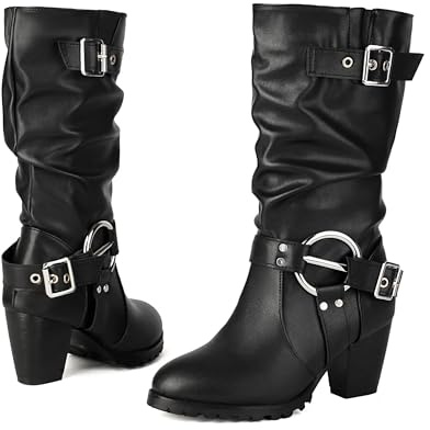 TNMIUH Stivali Donna a metà Polpaccio in Nera, Tacco Alto 6,5 cm, con Fibbie e Cinturini, Stivali Biker Donna alla Moda Autunno Inverno,Nero,45 EU