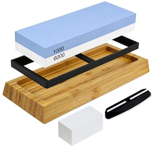 Set per Affilare Coltelli 5 in 1, Pietra Affilatrice a Doppia Grana 1000/6000 con Base in Bambù Antiscivolo, Guida Angolare e Base in Silicone - Affilatore Professionale per Casa e Cucina