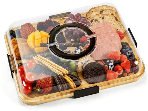 Charcuterie Boards with Lid and Handle, Portable Bamboo Cheese Board with 6 Compartments, Meat Fruit Snack Serving Tray, Charcuterie Boxes Cutting Boards for Housewarming, Kitchen (Black)