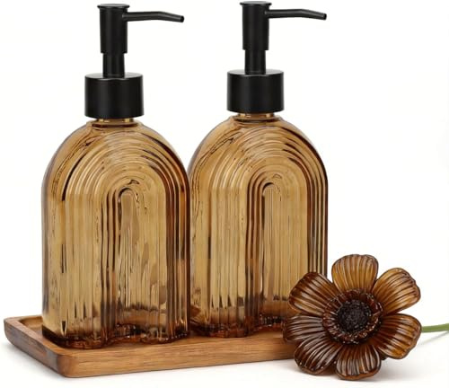 Topsky Glas Seifenspender Set 2 Stück 330 ml mit Holz-Tablett | Elegantes Bernstein-Regenbogen-Muster für Küche & Bad–Nachfüllbare Handseifenspender für Spülmittel und Flüssigseife