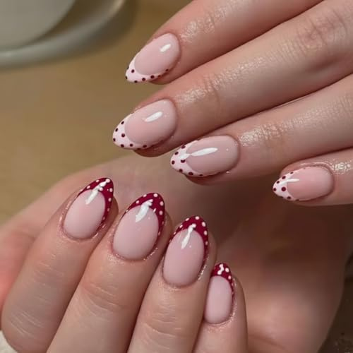 24PCS Rose Beige Nude Press On Nails - Pink Red French Tip Classic Polka Dot French Detail - Elegant Retro Sweet Accent for Women Party Daily Wear DIY Manicure Home