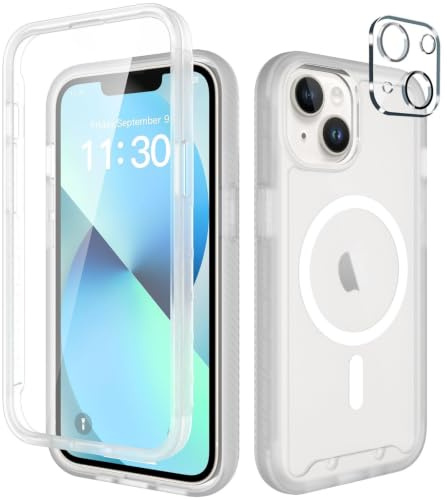 Leedia Handyhülle Kompatibel mit iPhone 13 Hülle 360 Grad Ganzkörper Stoßfest Komplettschutz Case Matt mit Eingebautem Displayschutz Magnetische Cover für iPhone 13 5G 6.1 Weiß
