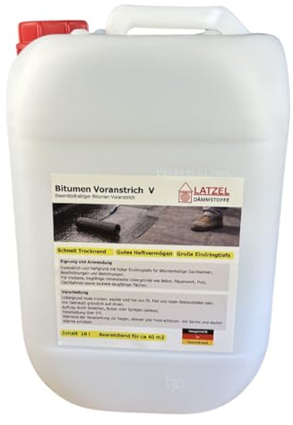 Latzel Dämmstoffe Bitumen Voranstrich V Kanister 10 L – Haftgrund für Bitumenbahnen & Abdichtung – Grundierung für Dach, Keller & Fundament – schnelltrocknend & haftstark – innen & außen