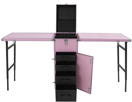 LouAleaxo Pink Rolling Nail Table Desk, Portable Makeup Storage Case, Foldable Tabletops, Secure Lock, 4 Drawers, 4 Wheels, For Beauticians, Nail Techs, Hair Stylists