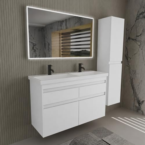 Alpenberger Badezimmer Komplett Set, Doppelwaschtisch mit Unterschrank 120 cm, Doppelwaschbecken mit Spiegel und Hochschrank, Waschtischunterschrank mit 4 Schubladen, vormontiert Weiss Glänzend