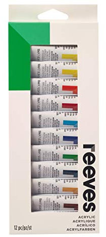 Reeves Acrylic Paint Set - Highly Pigmented Colours for Hobbyists, Artists & Beginners - Pack of 12, 10ml