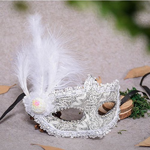 Veewon Fashion Venetian Face Mask Feather Decoration Women Masquerade Masks for Halloween, Masquerade, Costume Party (White)