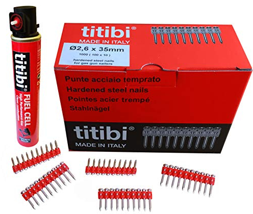 1000 CHIODI STECCATI + BOMBOLETTA DI GAS PER CHIODATRICI: Titibi prima, Spit Pulsa 1000 - Hitachi - Bea -Senco - Altro (Bomboletta P900: 152mm, 40g, 70ml, Chiodo: Ø2,6 x 30 mm)
