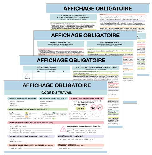Adhésif - Affichage Obligatoire - Code du Travail - Lot de 4 Visuels Format A4 en Adhésif Laminé - Protection Anti-UV