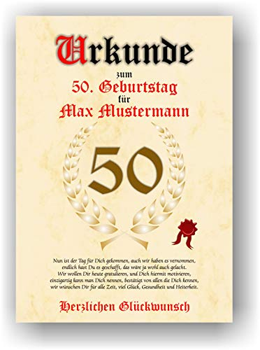 Urkunde zum 50. Geburtstag - Glückwunsch Geschenkurkunde personalisiertes Geschenk mit Name Gedicht und Spruch Karte Präsent Geschenkidee Mann Frau DIN A4