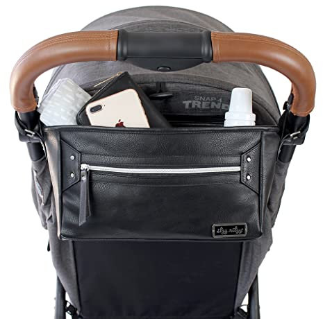 Itzy Ritzy Panier réglable pour poussette avec deux poches intégrées, une poche avant zippée et des sangles réglables pour s'adapter à presque toutes les poussettes, noir avec matériel argenté