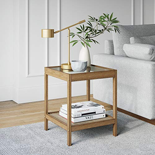 Nathan James Nash Moderner Beistelltisch aus massivem Holz, Akzent, Hellbraun/Glas