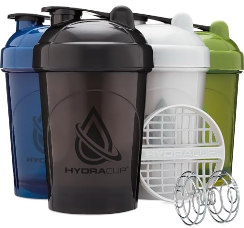 Hydra Cup – Lot de 4 shakers de 570 ml avec boules de fouet en fil métallique, mélangeur pour mélanges protéinés, V2