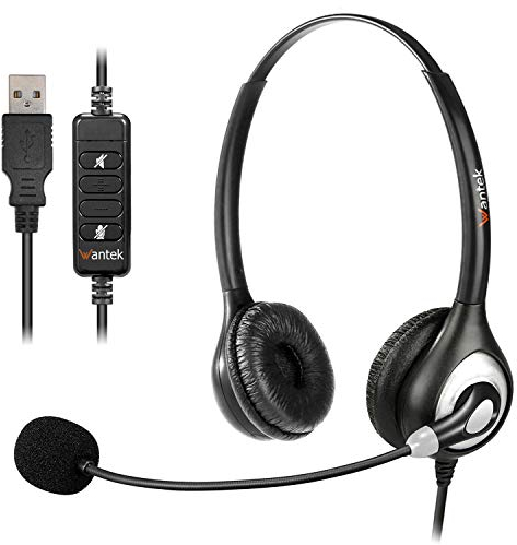 Wantek USB Headset mit Mikrofon Noise Cancelling, PC Headset für Laptop Business Skype UC Lync SoftPhone Call Center Office Webinar, Kopfhörer mit Mikrofon mit Kabel für Klar Chat, Ultra Komfort