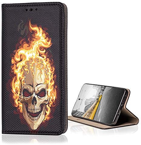 KX-Mobile Hülle für Samsung Galaxy J5 2017 Handyhülle Smart Magnet mit Motiv 614 Totenkopf in Flammen
