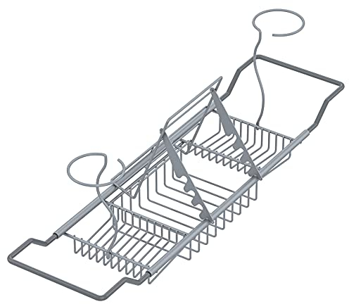 Mabel Home Verstellbares Badewannentablett, Edelstahl, mit abnehmbaren Weinglashaltern und Buchhalter (Silber)