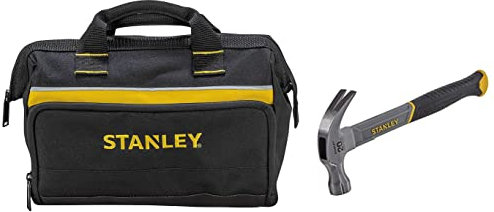 STANLEY Tool Bag 30 x 25 x 13 cm in Resistant 600 x 600 Denier with 8 Interior 2 Exterior Pockets and Reinfored Base 1-93-330 & STANLEY STHT0-51310 20oz Fiberglass Curved Claw Hammer, 570g