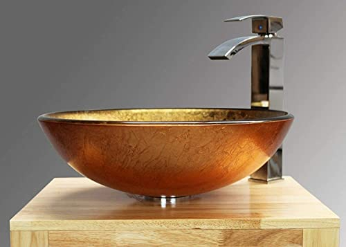 BELOFAY Golden Glass Wash Basin Modern Bathroom Counter Top Sink, 42x14x42cm (WxHxL)