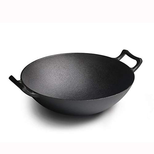 KDOQ Padella Wok in Ghisa Doppio Orecchio Fondo Rotondo Wok 36cm Pentola in Ghisa Vintage Non Rivestita Wok Infinito Addensato,36cm