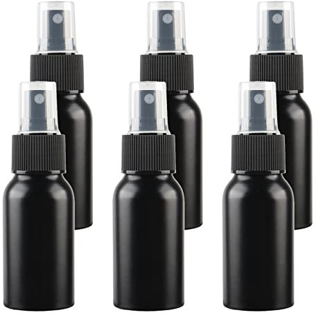 ZEOABSY 6 Piezas Pequeño 50ml Spray de Aluminio Negro Botella de Spray Vacía con Pulverizador Negro de Niebla Fina Atomizador para Perfume Aromaterapia Agua Líquidos Tamaño de Viaje, Embudo