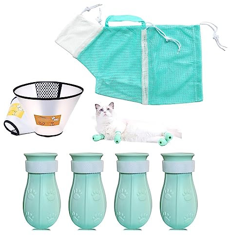 MSMUOEZ 7 Pieces of Cat Bathing Supplies,Anti-Scratch Silicone Cat Shoes,Cat Claw Covers, Cat Shower Net Bag,Cat Bathing Bag,Cat Grooming Mesh Bag,Elizabethan Collar(No.3)