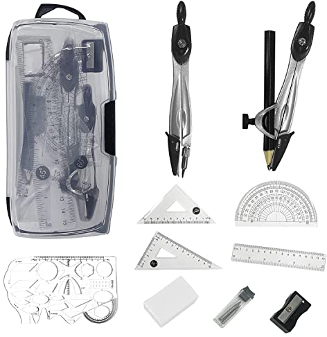 12 Piece Drawing Set, School Math Compass Protractor Ruler Set for Students Math Homeschool Drawing with Storage Box