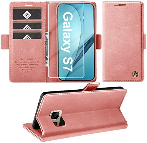 Giyer Handyhülle für Samsung Galaxy S7 Hülle mit Schutzfolie, Schutzhülle Galaxy S7 Standfunktion Premium Leder Wallet Silikon Phone Case Cover Hüllen S7 Klapphüllen 5.1 Zoll (Rosa)