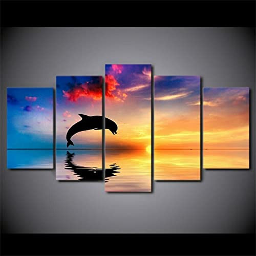 BIURKA Foto auf leinwand Delphin-Sonnenuntergang-Landschaft Kunstdruck - Wandbild Ölbild für Zuhause, moderne Dekoration, Dekodruck 5 Stück Kein Rahmen 200x100cm