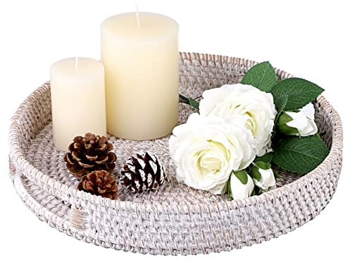 IGNPION Rattan Serving Tray 30cm Decorative Display Tray Table Storage Tray with Handle Desktop Organiser Tray for Tableware,Makeup,Vanity,Jewelry,Candle, Ornament Whitewash