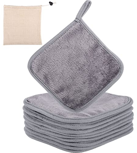 9 Pcs Lingette Demaquillante Lavable, 15 x 15cm Serviettes Démaquillantes en Microfibres, Tampons Démaquillants Réutilisable avec Sac de Rangement (Gris)