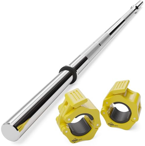 POUDI SPORT 1 gerade Hantelstange aus verchromtem Stahl, 120 cm | Ø 28 mm | 2 gelbe Schlauchschellen + 2 abnehmbare Gummiringe