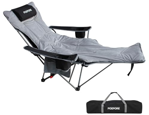POEPORE Fauteuil Camping Inclinable avec Repose-pieds Amovible, Chaise Longue avec Appui-tête, Coussin en Coton, Chaises Pliantes Réglables pour Adultes