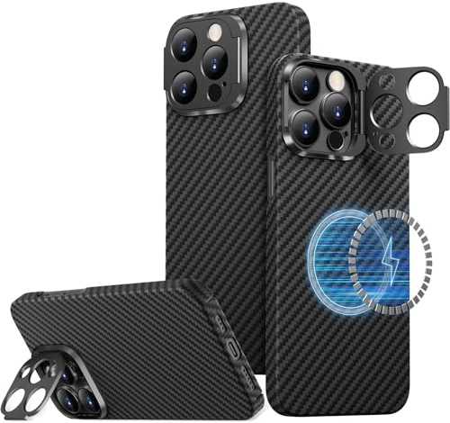 memumi Aramid Fiber Magnetic Case for iPhone 15 Pro, [Camera Kickstand] [Support Wireless Charging] Sturdy Durable for iPhone 15 Pro Aramid Fiber Thin Case, Military Grade Drop Protection