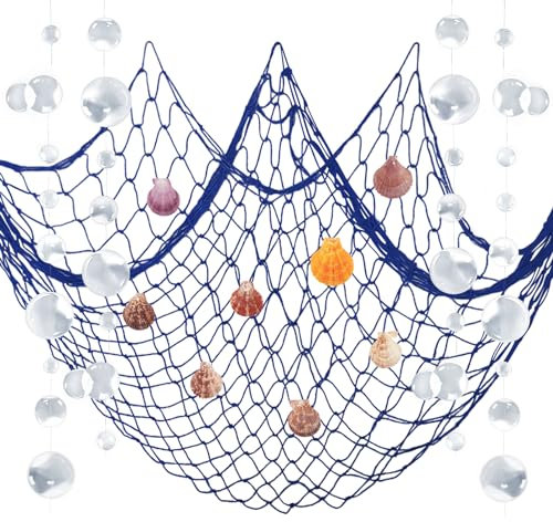 ZERODECO Fischernetz Deko, Natürliche Fischnetz Party Dekorationen für Marine Dekor Meerjungfrau Piraten Party Hochzeit Geburtstagsparty, Fischnetz mit Muscheln Blase Girlanden, Marineblaues