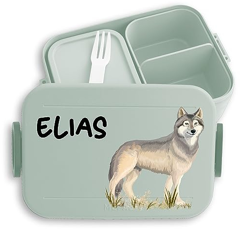 Kinder Bento Box Midi Lunchbox für Mepal Bentobox - Wolf mit Name personalisiert I Wolfsmotiv Geschenk Wölfe - 900 ml - Sage Grün - brotdose jausenbox fächern maple take a break personalierte