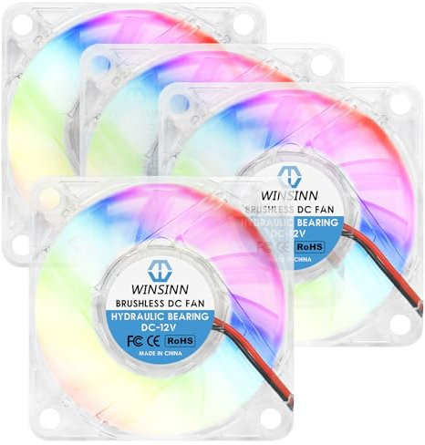 WINSINN 60mm RGB Fan 12V, LED Colorful Micro 24 Volt Fans 6010 Hydraulic Bearing, Brushless Cooling 60x10mm 2PIN, Works with 3D Printer/Computer/Notebook/PC Case/Router/TV Box (Pack of 4Pcs)