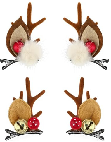 WLLHYF Lot de 4 pinces à cheveux de Noël, en forme de bois de renne de Noël - Jolies pinces à cheveux pour fille - Cadeau de Noël avec boules et oreilles de cerf - Café
