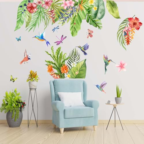 Amimagen Stickers muraux feuilles tropicales herbe verte – Stickers muraux feuilles de palmier oiseaux – Chambre à coucher, salon, canapé, arrière-plan TV, autocollants muraux pour la maison