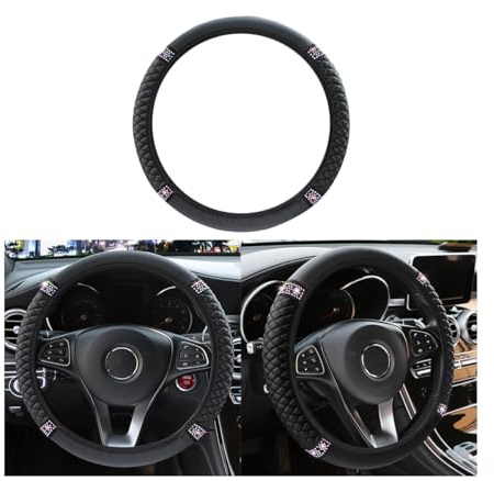 Adunsiaoto Brillantato Strass Antiscivolo Coprivolante in Pelle per Auto, Coprivolante per Auto, Coprivolante per Auto Protezione Custodia, Universale 37-38 cm Parte delle Automobili(Nero)