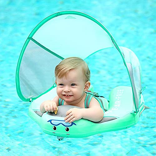 CoByda aufblasbarer Baby-Pool-Schwimmring mit Sonnenschutzdach – grün, geeignet für 3–36 Monate, kein Umdrehen, zusätzlicher Schwanz und sicherer Gürtel