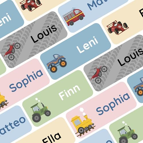 Klebekerlchen® Namensaufkleber für Kinder (60 Stück), Kleidung & Gegenstände Namensschilder personalisiert und waschmaschinenfest, Schule und Kindergarten - Motor