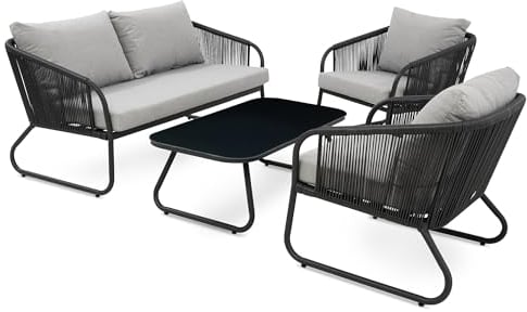 di volio Gartenmöbel-Set PASO Grau/Grau, Terrassenmöbel aus Polyrattan und Stahl, Gartenmöbel für 4 Personen - Couchtisch & 2 Sessel & 2-Sitzer Sofa