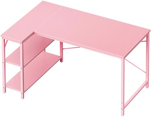 Huuger Scrivania a forma di L, scrivania per computer con ripiani reversibili, scrivania da gioco, scrivania angolare per casa e ufficio, scrivania per studio con struttura in metallo, rosa