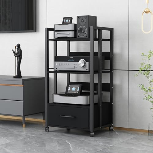 Ripiano Multifunzione, Supporto For Supporti Component Audio/Video A 3 Livelli Supporto For Lettore CD DVD Armadietto Stereo Torre For Rack Audio Mobile Con Ripiani In Legno E Cassetto Regolabili In A