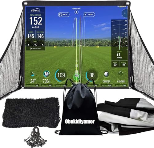 Obokidly Golf Simulator Impact Screens Installed on Golf Hitting Net - 7' Simulator Impact Display Projection Screen Cloth with 10pcs Grommet Ropes for Outdoor/Indoor (7-With Side Net)