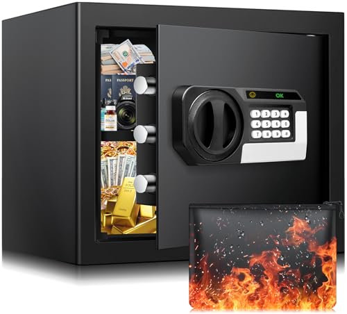 25L Kleiner Tresore für Zuhause, Safe Tresor Feuerfest Wasserdicht mit Geldtasche, Elektronischem Passwort, Herausnehmbares Regal und Alarmanlage, Feuerfeste Tresore für Bargeld Dokumente