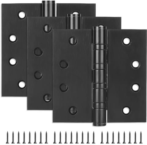 3 Pack Stainless Steel 4'' Door Hinges, 4in (102mm) x 4in (102mm) Heavy-Duty Ball Bearing Door Hinges with Square Corners for Exterior & Interior Doors, Black