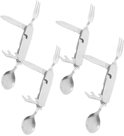 Sipiris 4 Piezas Inoxidable Portátil Cubiertos Plegables,Cubiertos de Viaje Multifuncional,Juego De Cubiertos Para Camping,Cubiertos Plegables Acero Inoxidable para Viajes, Pícnic, Senderismo(4 en 1)